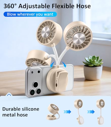 Magnetic Phone Fan with Ice Cooling, 3-in-1 Clip on Fan | Phone Stand, Rechargeable Mini Handheld Fan, 360° Flexible Gooseneck Portable Fan for Cruise Travel Desk Gym Makeup（Beige） - color: Beige