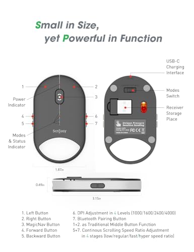 Pressure-Sensitive Infinite Free-Scroll Mouse | Small, Slim & Silent | 4000 DPI | Tri-Mode (Dual Bluetooth/2.4G/USB Wired) | Mini Portable Wireless Travel Mouse for Laptop, MacBook, iPad, PC - color: Black