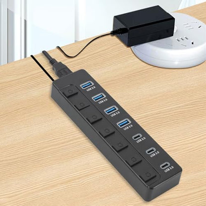 7 Port USB3.0 Adapter with 3 Type C and Individual Switches 5Gbps Fast Data Transfer Expansion Dock for Laptops PC