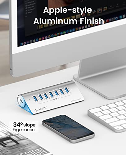 ORICO 7-Port USB 3.2 Gen2 Hub, Desktop USB 3.2 Hub with 7 USB-A Ports, 5V 3A Power Supply Port, 10Gbps Aluminium USB-Splitter with 3.28Ft USB-C to USB-C Cable for iMac, MacBooks, Mac mini - size: 100cm, style: M3U7
