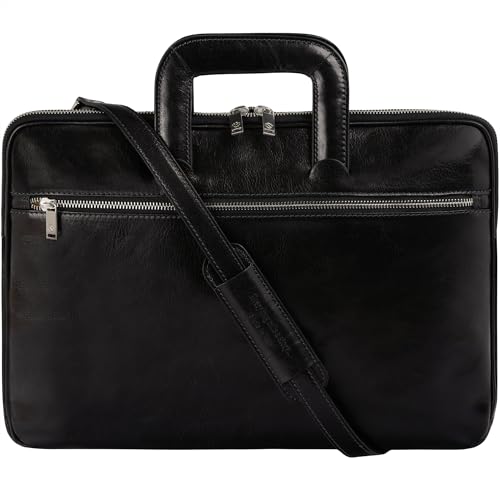 Time Resistance Slim Leather Briefcase - Italian Handmade Leather Computer Bag - Briefcase for Men and Women - Laptop Bag - color: Black
