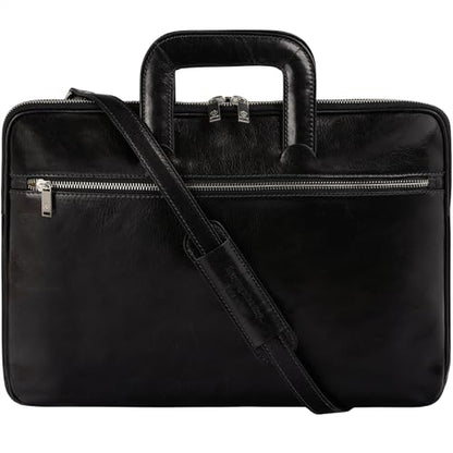 Time Resistance Slim Leather Briefcase - Italian Handmade Leather Computer Bag - Briefcase for Men and Women - Laptop Bag - color: Black