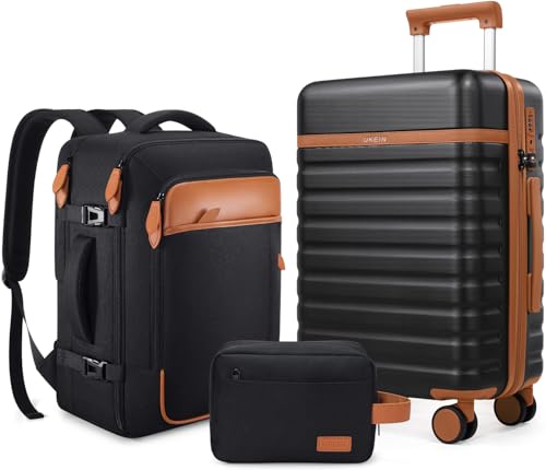 UKEIN Luggage Sets 3 Piece, PC Hardside Checked Luggage 24 Inch With Spinner Wheels with TSA Lock, Large Suitcase Set With Travel Backpack for Men (Black, 3 piece set (24inch)) - color: Black, size: 3 piece set (24inch)