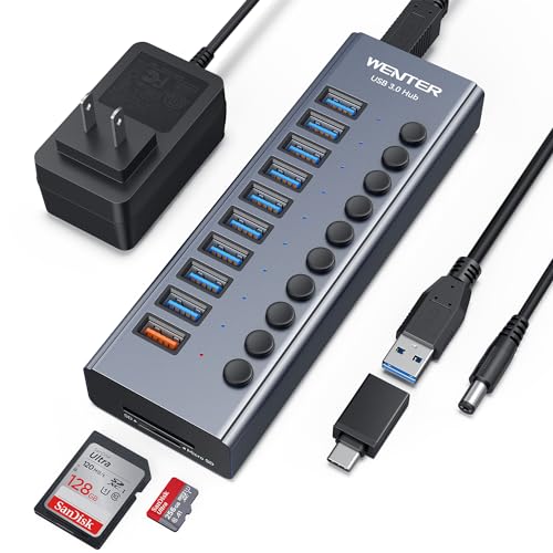 WENTER Powered USB Hub 3.0 with SD/TF Card Reader, Aluminum 10 Port Powered USB Hub (9 USB 3.0 Data Transfer Port & 1 USB Fast Charging Port Hub) USB 3.0 Hub for PC, Laptop - size: 9+1