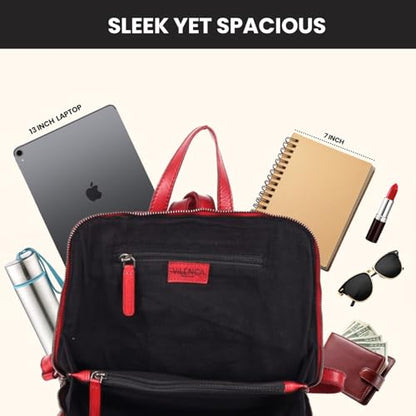 12.5 Inch Red Genuine Leather Backpack For Women & Men | Small Laptop Bookbag Purse & Travel Daypack, Red Leather Bookbag With Adjustable Shoulder Strap, YKK Zipper & Pockets - color: Red
