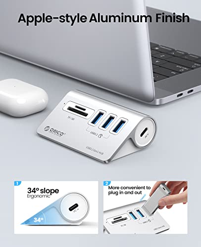 ORICO 5-Port USB 3.2 Gen1 Hub, Desktop USB 3.0Hub with 3 USB-A, SD/TF Card Reader, 5V 2A Power Supply Port, 5Gbps Aluminium USB-Splitter with 1.64Ft USB-C to USB-A/C Cable for iMac, MacBooks, Mac mini - size: 50cm, style: M3UT3