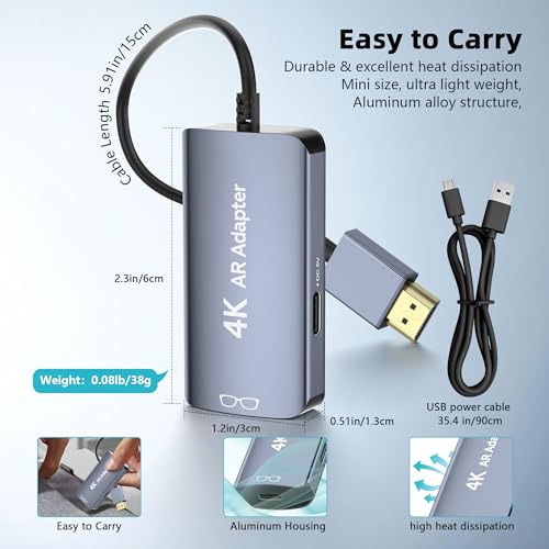 HDMI to USB C Adapter 4K@60Hz for AR Glasses, HDMI Male to USB C Female for XREAL One/Air 2 Pro, VITURE Pro, RayNeo Air 2s, Rokid Max, Switch 2/1, Steam Deck, PS5/4, Xbox, ROG Ally, Portable Monitor