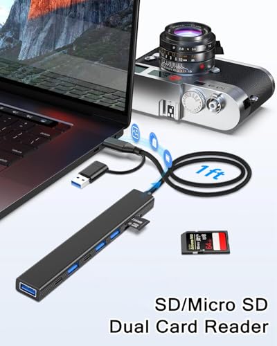 USB C Hub USB Hub 3.0 with SD Card Reader(8-in-1), USB Extender with Memory SD/Micro SD Card Reader, for Laptop, PC, MacBook, iPad Pro, iMac-Aluminum