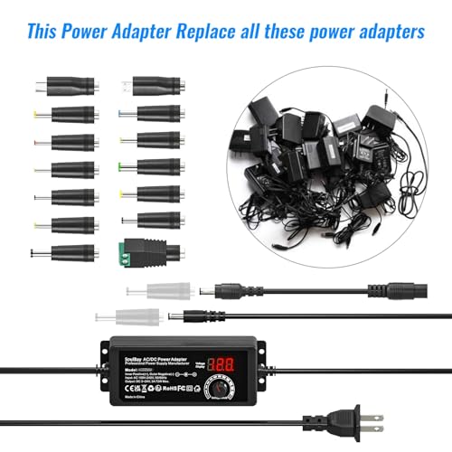 SoulBay 72W Universal Power Supply, 3V-24V 3A, Volt Display, 14 Tips | Adjustable AC/DC Adapter, Reverse Polarity Cable, 3000mA Max, For Household Electronics, LED Strips, Routers, Cameras