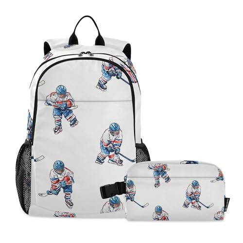 Hockey Player Pattern Backpack with Lunch Bag Set 15.6 Inch Laptop Insulated Water Resistant Lightweight Multi Pocket for School Work Travel Boys Girls
