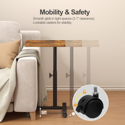 TUTOTAK C Table End Table Adjustable Height, TV Tray Table for Small Spaces | 360°Swivel casters, Slide Under Couch Side Table, Sofa Bedside Table for Living Room, Bedroom, Brown TB01BB099 - color: Brown