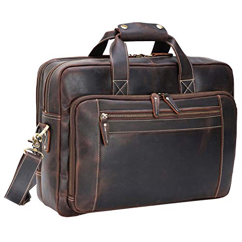 Men's Solid Thick Full Grain Leather 17.3" Laptop Briefcase Classic Messenger Bag Fit Business Travel | Solid - color: Dark Brown