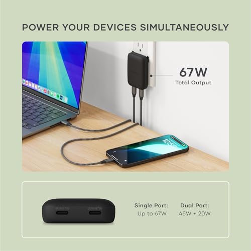 Satechi OntheGo 67W GaN Wall Charger, PD 3.0 + PPS, Dual USB-C Ports, Black | Dual USB-C ports, 45W+20W split-charging mode, fits MacBook, iPad, iPhone 17, Galaxy, Pixel, Steam Deck - color: Black