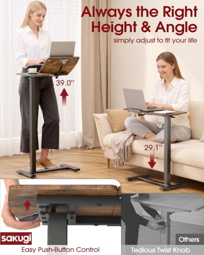 Sakugi Overbed Bedside Table with Wheels, Right-Side Tilt Top, Laptop Desk | Home & Office, Hospital Bed Table, Rolling Bed Tray, Height Adjustable, Brown,12.9" D × 27.6" W × 29.1"–39" H - color: Brown