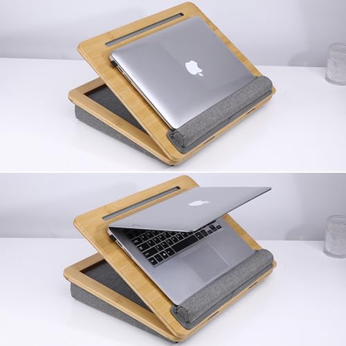 SUMISKY Adjustable Lap Desk-Portable Laptop Stand with Cushion, Bamboo Platform with Phone Holder, Wrist Pad Fits up to 15.6 Inch Laptops - size: M(16.5"x13.4" Height-Adjustable)