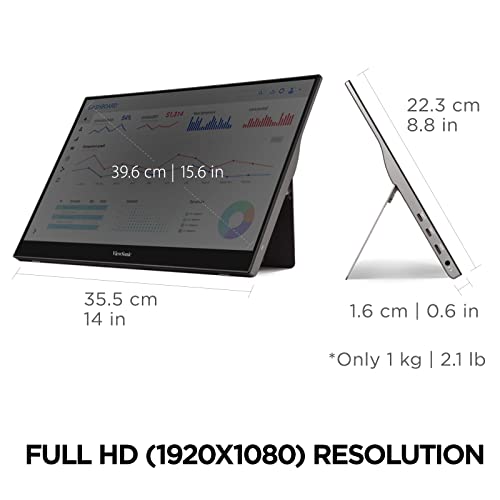 ViewSonic TD1655 15.6 Inch 1080p Touchscreen Portable Monitor, IPS Display for Interactive Workflows and Second Screen Productivity, Built-in Stand, 60W USB-C, mini HDMI, and Smart Cover - style: 1080p Touchscreen