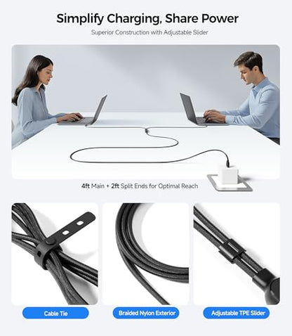 Cable Matters Braided 2-in-1 USB C to USB C Cable, 6ft, 140W Charging | Smart Power Allocation for Laptops and Phones, Charging and Data Transfer, Works with MacBook, iPad, and iPhone