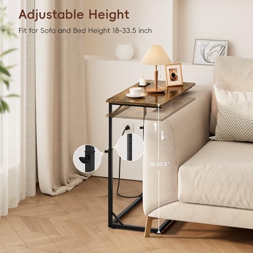 C Shaped End Table with Charging Station, Large C-Table End Table Adjustable Height Side Table for Couch, Couch Table Slide Under Sofa Table TV Tray Table for Sofa, Living Room, Bedroom,Brown - color: Rustic Brown, style: With Plug