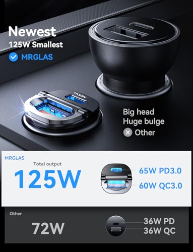 125W Fast iPhone 17/16 Car Charger with USB C Cable | PD65W & QC65W, All Metal, Flush Fit, Cigarette Lighter USB Adapter for iPhone 17 16 Samsung S26 S25 Ultra Pixel 10