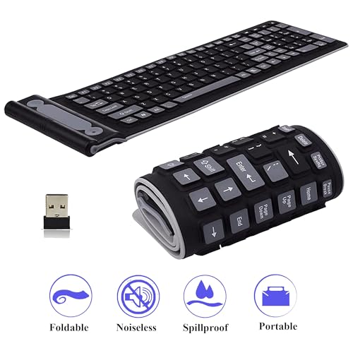 Foldable Silicone Wireless Keyboard - Mini Portable Roll Up Design, 2.4G USB Full Size with Number Pad, Waterproof Dustproof Soft Silent Keyboard for Travel, Flexible and Compact (Black)