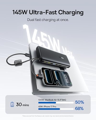 Baseus 25000mAh Power Bank, CCC Certified 145W Laptop Portable Charger with Dual Built-in USB-C Cables, PD3.1 Fast Charging Battery Pack for MacBook Pro/Air,iPhone 17/16 Series Galaxy S25/S24