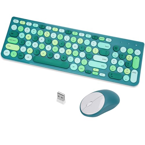 Wireless Keyboard and Mouse Combo, Retro Typewriter Keyboard with Round Keycaps, 2.4GHz USB Cute Wireless Keyboard Mouse for Computer, Desktop (Green) - color: Green