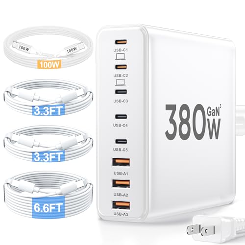 380W USB C Charger Block,with 4 USB Cables 8-Port USB C Charging Station Dual 100W Laptop Charger Fast Charger Type C Charging Block for MacBook Pro, Dell XPS, iPhone, iPad, Tablet (Bright White) - color: Bright White