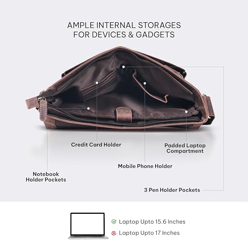 VALENCHI 15" Full Grain Leather Laptop Messenger Bag For Men & Women - Padded 15.3" Laptop Compartment, Ample Storage & Pockets, Premium Natural Leather (Brown Oily Hunter) - color: Brown Oily Hunter