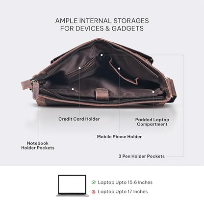 VALENCHI 15" Full Grain Leather Laptop Messenger Bag For Men & Women - Padded 15.3" Laptop Compartment, Ample Storage & Pockets, Premium Natural Leather (Brown Oily Hunter) - color: Brown Oily Hunter