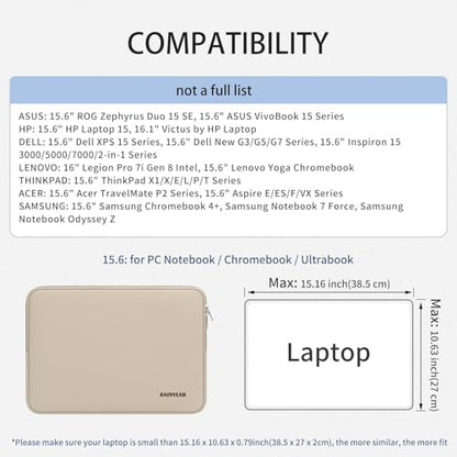RAINYEAR 15.6 inch Laptop Sleeve Case Soft Padded Carrying Bag, Khaki | Protective Soft Lining Padded Computer Zipper Carrying Cover Bag Compatible with 15.6 Inch Laptop Computer PC Notebook - color: Khaki, size: 15.6 Inch