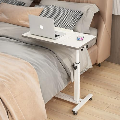 TigerDad Over Bed Table with Wheels, White | Adjustable, Rolling Laptop Table, Hospital Tray Table, Sofa Chair Side Table - color: White
