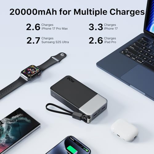 NOBIS Portable Charger 20000mAh 90W Power Bank w/Detachable Cable | 2C+2A USB-C Fast Charging Battery Pack with LED Display,Battery Bank for Laptops, Tablets, Phones and Steam Deck - color: Black