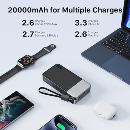 NOBIS Portable Charger 20000mAh 90W Power Bank w/Detachable Cable | 2C+2A USB-C Fast Charging Battery Pack with LED Display,Battery Bank for Laptops, Tablets, Phones and Steam Deck - color: Black