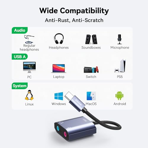 USB C Sound Card, USB C to Headphone and Microphone Jack Audio Adapter External Sound Cards Compatible with Windows, Laptops, Desktops Windows, MAC, Linux, PC, PS5, PS4(Grey)