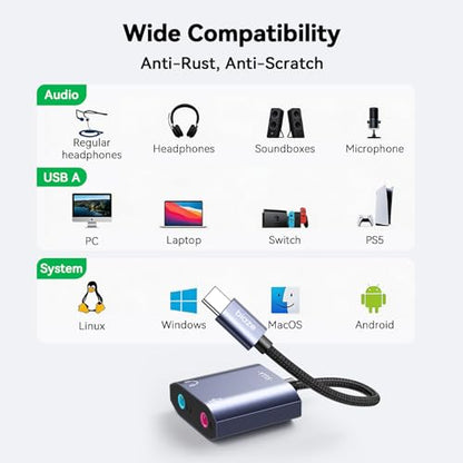 USB C Sound Card, USB C to Headphone and Microphone Jack Audio Adapter External Sound Cards Compatible with Windows, Laptops, Desktops Windows, MAC, Linux, PC, PS5, PS4(Grey)