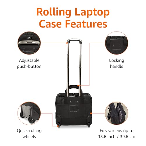 Amazon Basics 15.6" Rolling Laptop Bag for Travel and Business, Briefcase with Wheels, Adjustable Locking Handle, Black