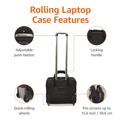 Amazon Basics 15.6" Rolling Laptop Bag for Travel and Business, Briefcase with Wheels, Adjustable Locking Handle, Black