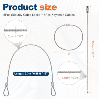 5 Set Double Loop Security Cable Lock (0.98 ft X0.08'') + Keychain Cable, Silver - color: Silver, size: 0.98 ft x 0.08 Inch