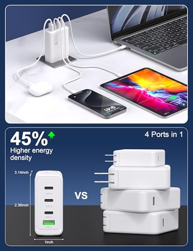 100W USB C Charger GaN 4 Port Type C Charging Station Hub Block Wall Charger Power Strip Adapter Plu Compatible with MacBook Pro/Air iPad iPhone16/15/14/13 Pro Max Dell XPS Pixel Note Galaxy