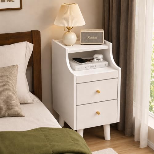 POWERSTONE Narrow Nightstand with 2 Drawers Set of 2, Solid Wood Bedside Table with Pull Out Tray & Cable Hole & Slots, Slim End Side Table for Small Spaces Bedroom, Living Room, White - color: White