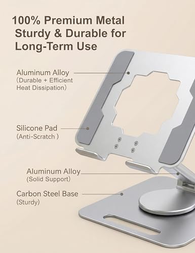 Laptop Stand, Height Adjustable 360° Swivel Anti-Wobble Base | Ergonomic, dual-axis, aluminum arm, carbon steel base, hollow cooling panel, fits 10-17" laptops, foldable, home office - color: silver