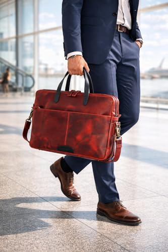KomalC Leather Laptop Sleeve 15.5" with Trolley Strap, Fits up to 16" Laptop, Slim Office Bag with Shoulder Strap - color: Red