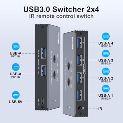 USB 3.0 Switch 2 Computers Share 4 USB Devices with IR Remote 4 Port Hub USB KVM Control 5Gbps Data Sharing for Keyboard Mouse Printer Scanner