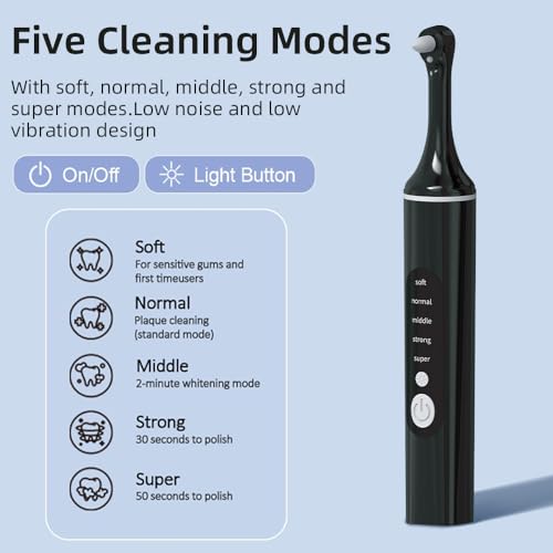 [Type-C Fast Charging] LED Teeth Whitening Polisher,Home Dental Care Kit with 6 Brush Heads & 5 Adjustable Speeds, Portable Electric Tooth Cleaner (Black)