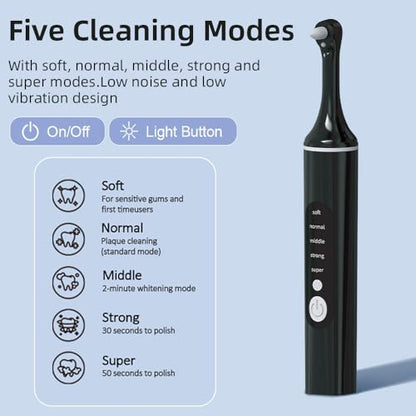 [Type-C Fast Charging] LED Teeth Whitening Polisher,Home Dental Care Kit with 6 Brush Heads & 5 Adjustable Speeds, Portable Electric Tooth Cleaner (Black)