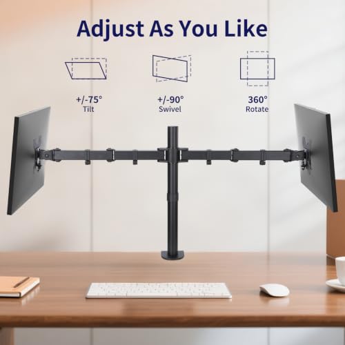 Black Dual Monitor Arm Mount for 13-27 Inch Screens | Ultrawide Screens Up to 34 inch Fully Adjustable Stand with C-Clamp/Grommet Base Max VESA 100x100 Each Screen Capacity 22lbs - size: Dual Arm for 13"-27"