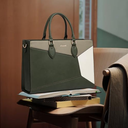 LOVEVOOK Laptop Bag for Women,15.6 lnch Waterproof Lightweight Leather Tote Bag,Professional Business Office Work Bags with Clutch Purse,Large Capacity Computer Shoulder Handbag,Army-Grey-White - color: Army Green - Grass Grey Green - Beige White(leather)