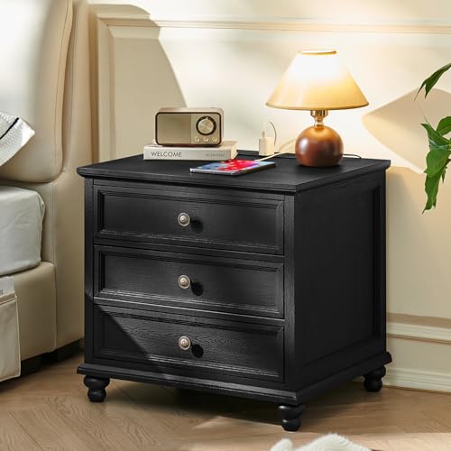 Joaxswe Farmhouse Nightstand with Charging Station, 24" Wide End Table with 3 Drawers,Wood Dresser Cabinet for Bedroom, Bed Side Table Chest of Drawers,Night Stand for Living Room, Closet,Black - color: Black, size: 19.76"D x 24"W x 22.91"H (3 Drawers)