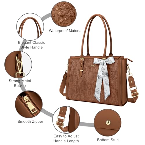 MOSISO Laptop Bag for Women, 17-17.3 inch PU Leather Tote Bag | Compatible with MacBook, HP,Dell, Front Embossed Retro Hibiscus Computer Bags with Silk Scarf&Clutch Purse, Brown - color: Brown, size: 17.3 inch