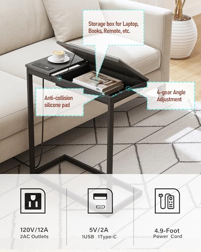 TUTOTAK Large C Shaped End Table, Side Table with Charging Station C Table | Tilting Laptop Stand with Storage, Computer Couch table for Living Room, Bedroom, Black TB01BK090 - color: Black, style: Plug